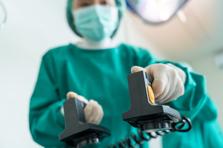 Medical urgency in the ambulance. Emergency doctor using defibrillator, ICU, AED, electro pulse therapy, emergency room, resuscitation, cardiac arrest, danger, heart, surgeon, cardiology, patientの写真素材