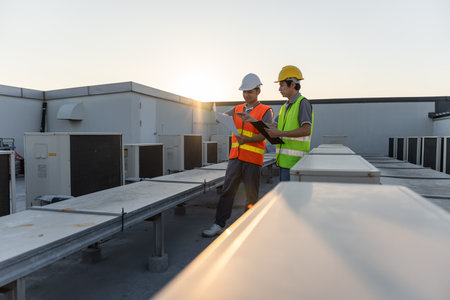 Engineers use blueprint check air condition systems on site. Contractor and inspector inspection compressor during project. maintenance team check quality assurance. Audit, inspect, quality control.の写真素材
