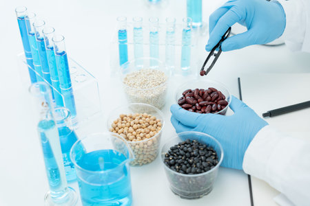 Scientist check chemical whole grains residues in laboratory. Control experts inspect the...