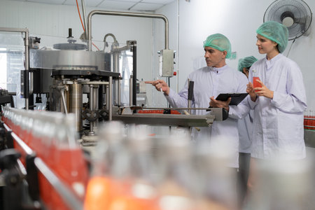 A quality supervisor or food or beverages technician discuss about process control of food and drugs...