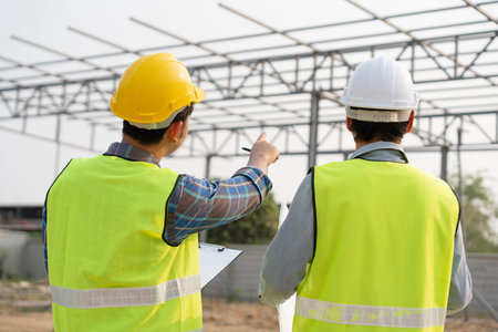 Engineers use blueprint check construction on site. Contractor and inspector inspection construction...