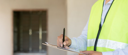 inspector or engineer is inspecting construction and quality assurance new house using a checklist. Engineers or architects or contactor work to build the house before handing it over to the homeownerの写真素材