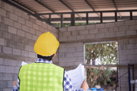 inspector or engineer is inspecting construction and quality assurance new house using a blue print....