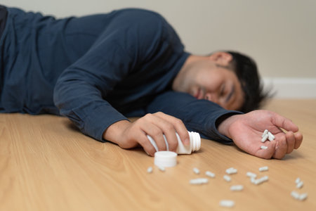 asian man use pills overdose, stressed, sad, drug abuser, drug addict, sick, unhealthy, unhappy, suicide, depressed or hopeless, Anti drug, drug addict, life and family problems, unmotivatedの写真素材