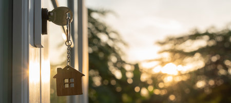 Landlord key for unlocking house is plugged into the door. Second hand house for rent and sale. keychain is blowing in the wind. mortgage for new home, buy, sell, renovate, investment, owner, estateの写真素材
