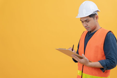 Engineer wear safety on color back ground. inspector inspection by checklist, engineer project...