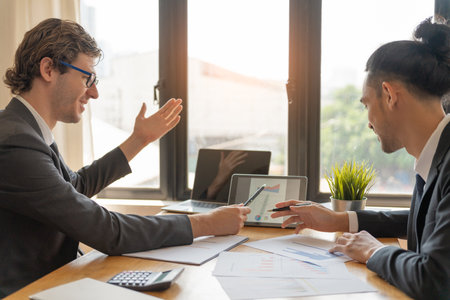 Manager present information benefits for management. financial data analysis and market growth report chart. analyzing, Planning Strategies, startup project, profitable strategy, Business meeting timeの写真素材