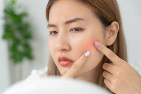 Young woman asian are worried about faces Dermatology and allergic to steroids in cosmetics. sensitive skin, red face from sunburn, acne, allergic to chemicals, rash on face. skin problems and beautyの写真素材