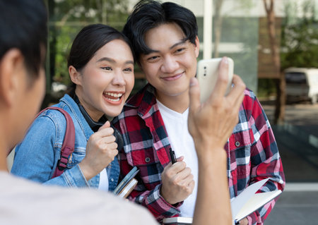 Beautiful student asian woman and friend with surprise announce final exam. Smile girl happy in college campus. Portrait female on international Asia University. Education, study, school, happyの写真素材