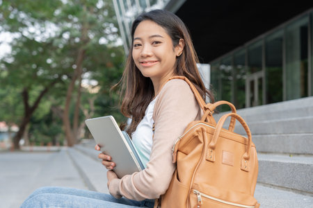 Beautiful student asian woman with backpack and books outdoor. Smile girl happy carrying a lot of book in college campus. Portrait female on international Asia University. Education, study, schooの写真素材