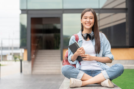 Beautiful student asian woman with backpack and books outdoor. Smile girl happy carrying a lot of book in college campus. Portrait female on international Asia University. Education, study, schooの写真素材