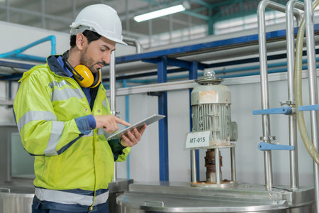 Engineers or factory managers wearing safety helmet inspect the machines in the production line....