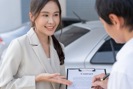 lease, rental car, sell, buy. Dealership send contract and car keys to new owner to sign. Sales, loan credit financial, rent vehicle, insurance, renting, Seller, dealer, installment, car care businessの写真素材