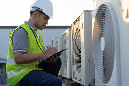 Asian maintenance engineer works on the roof of factory. contractor inspect compressor system and plans installation of air condition systems in construction. Checklist, inspector, controlの写真素材