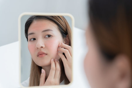 Woman worried about face Dermatology, rosacea dermatitis, allergic steroids, sensitive skin, red...