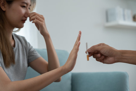 No smoking. Woman stop smoke, refuse, reject, break take cigarette, say no. quit smoking for health. world tobacco day. drugs, Lung Cancer, emphysema , Pulmonary disease, narcotic, nicotine effectの写真素材