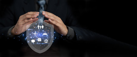 insurance with hands protect crisis. business risk control and plan and strategies to run prevent businesses. deposits, medical expenses, rent, family care, Travel, transport, communication, accidentの写真素材