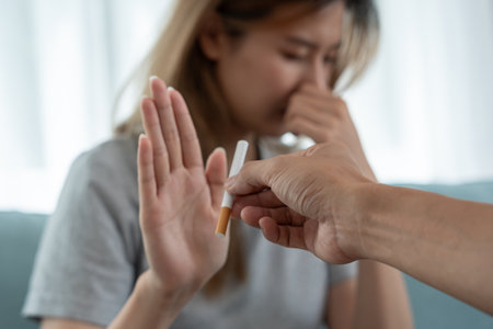 No smoking. Woman stop smoke, refuse, reject, break take cigarette, say no. quit smoking for health. world tobacco day. drugs, Lung Cancer, emphysema , Pulmonary disease, narcotic, nicotine effectの写真素材