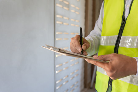 inspector or engineer is inspecting construction and quality assurance new house using a checklist. Engineers or architects or contactor work to build the house before handing it over to the homeownerの写真素材