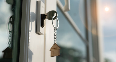 Landlord key for unlocking house is plugged into the door. Second hand house for rent and sale. keychain is blowing in the wind. mortgage for new home, buy, sell, renovate, investment, owner, estateの写真素材