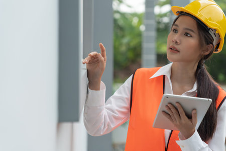inspector or engineer is inspecting construction and quality assurance new house using a tablet....