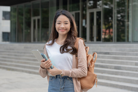 Beautiful student asian woman with backpack and books outdoor. Smile girl happy carrying a lot of book in college campus. Portrait female on international Asia University. Education, study, schoolの写真素材