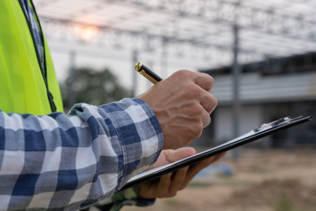 inspector or engineer is inspecting construction and quality assurance new house using a checklist....