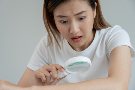 skin problem and beauty. asian woman use magnifying glass look itchy skin from skin allergic, shocked, steroid allergy, sensitive skin, chemical allergy, rash, insect bites, Seborrheic Dermatitis.の写真素材