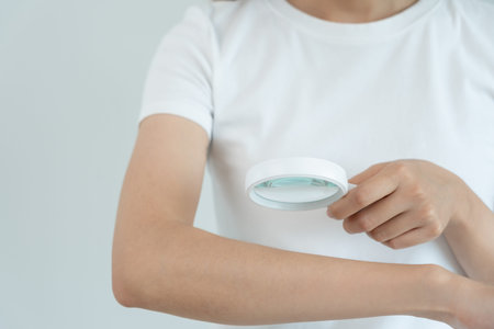 skin problem and beauty. asian woman use magnifying glass look itchy skin from skin allergic, shocked, steroid allergy, sensitive, chemical allergy, rash, insect bites, Seborrheic Dermatitis.の写真素材