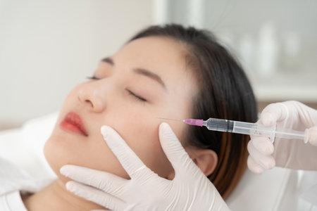 Cosmetic surgery, skin whitening injection, filler injection, HA Skin Booster, Botox, beautiful Asian girls receive beauty treatments at beauty clinic, skincare, pore rejuvenation, wrinkle, baby faceの写真素材