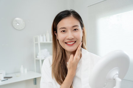 beauty asian smile and happy after surgery, Cosmetic surgery, skin whitening injection, filler injection, Skin reface, beautiful Asian girls receive beauty treatments at beauty clinic, skincareの写真素材