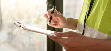 inspector or engineer is inspecting construction and quality assurance new house using a checklist....