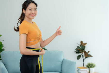 Diet and dieting. Beauty slim female body use tape measure. Woman in exercise clothes achieves weight loss goal for healthy life, crazy about thinness, thin waist, nutritionist.の写真素材