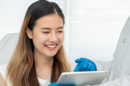 Cosmetic surgery advice about surgery face. beauty asian smile and happy after surgery, skin whitening injection, filler injection, Skin reface, skincare, happy after surgeryの写真素材