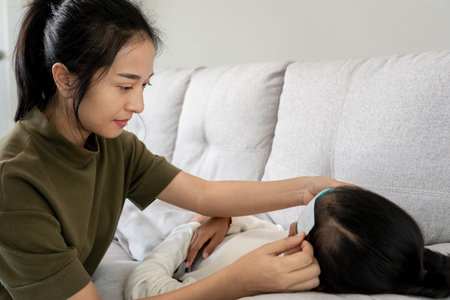 asian woman take care of little ill daughter. Sick child lying on bed under blanket, with worried. single mom taking care of sick daughter at home. child has a high fever. covers on the couch and illの写真素材