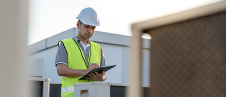 Asian maintenance engineer works on the roof of factory. contractor inspect compressor system and...