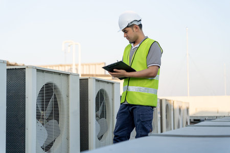 Asian maintenance engineer works on the roof of factory. contractor inspect compressor system and...