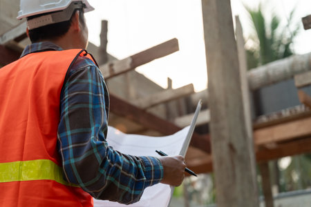 inspector or engineer is inspecting construction and quality assurance new house using a blue print. Engineer or architects or contactor work to build the house before handing it over to the homeownerの写真素材