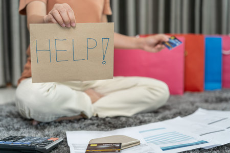 Debt shopping, Stressed and headache asian woman with large bills or invoices no money to pay,...