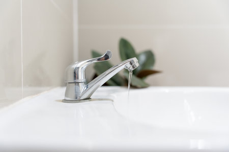 Save water. turning off the running water in the bathroom to protect environment. Greening planet, reduce global warming, Save world, life, future, risk energy, crisis , water day.の写真素材