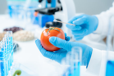 Scientist check chemical food residues in laboratory. Control experts inspect quality of fruits, vegetables. lab, hazards, ROHs, find prohibited substances, contaminate, Microscope, Microbiologistの写真素材
