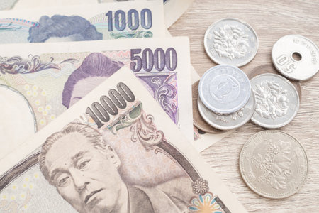 Japanese Yen money. close up of the Japanese yen. currency of Japan that is used to change, buy, sell, accumulate, invest, financial, exchange rate, value, accounting, international exchangeの写真素材