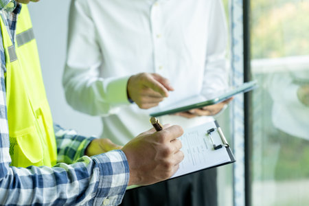 inspector or engineer is inspecting construction and quality assurance new house using a checklist....