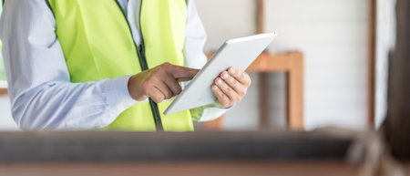 inspector or engineer is inspecting construction and quality assurance new house using a tablet. Engineers or architects or contactor work to build the house before handing it over to the homeownerの写真素材