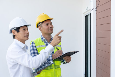 inspector engineer and owner project is inspecting construction and quality assurance new house. Engineers or architects or contactor work to build the house before handing it over to the homeownerの写真素材