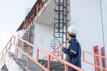 maintenance and inspector. Maintenance engineers are using walky talky to inform the results of...