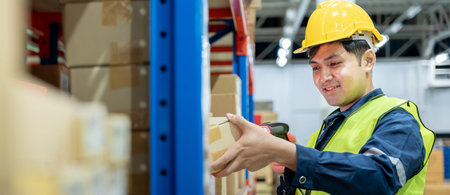 Warehouse worker pick box goods in inventory and check stock product. Transport logistic business...