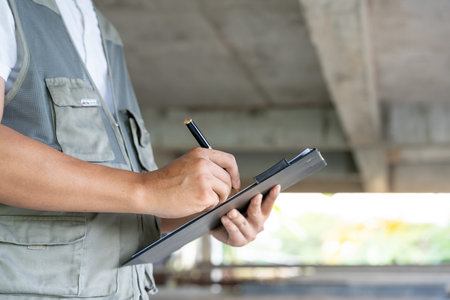 inspector or engineer is inspecting construction and quality assurance new house using a checklist....
