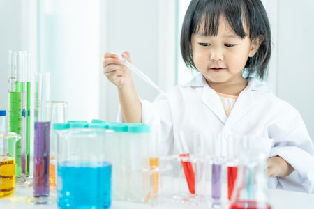 Children Scientist education scientific in laboratory. Medical child learning, Biotechnology, discover, imagine, executive function, kid, education, intelligence quotient, emotional quotienの写真素材
