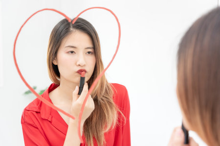 Beautiful Asian woman sit in front of a mirror and smile on makeup. face of a healthy woman applying makeup. Advertisement, lifestyle , cosmetics, makeup accessories, beauty activity, beauticianの写真素材
